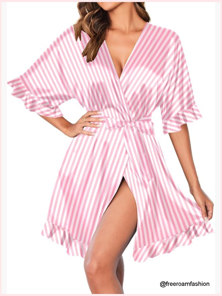 Short Satin Kimono Robe With Ruffle Hem - Knee Length
